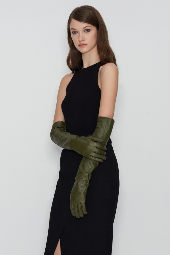 MAVERICK KHAKI LEATHER GLOVES LONG