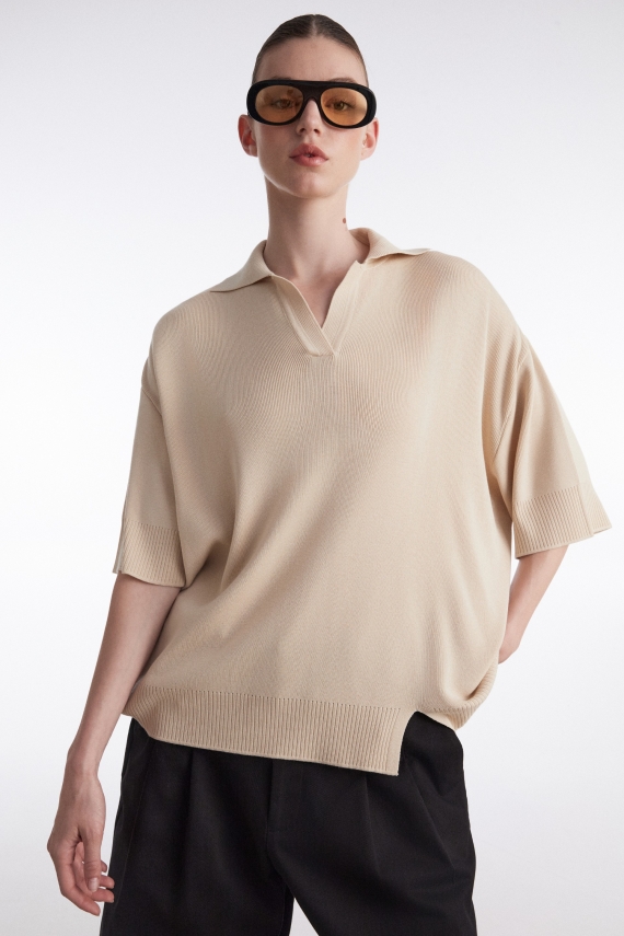 FINE LINE KNITTED POLO SHIRT BEIGE